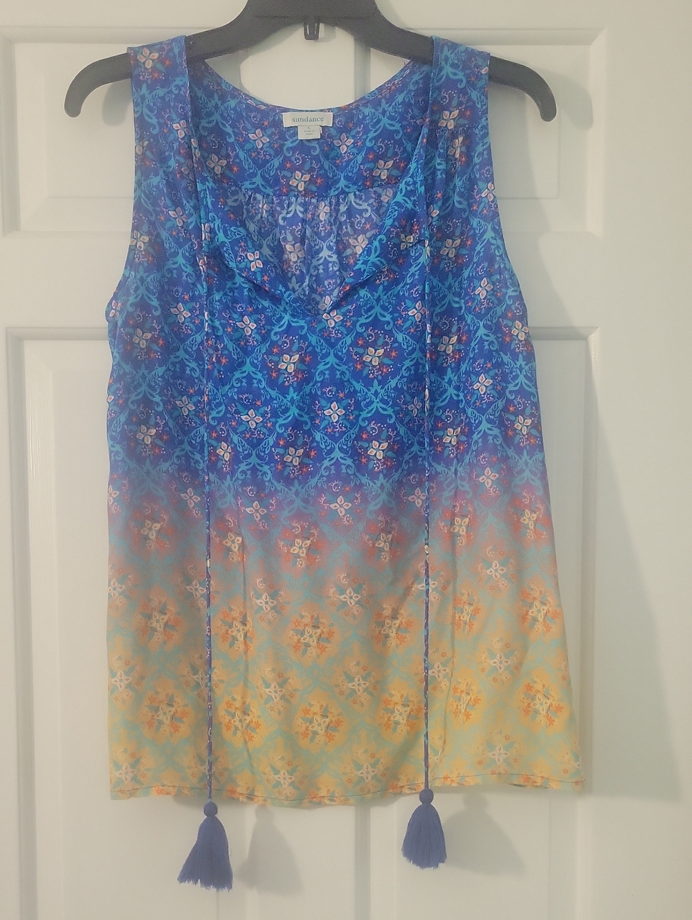 Sundance Blue to Yellow Ombre Sleeveless Tassel Blouse Small